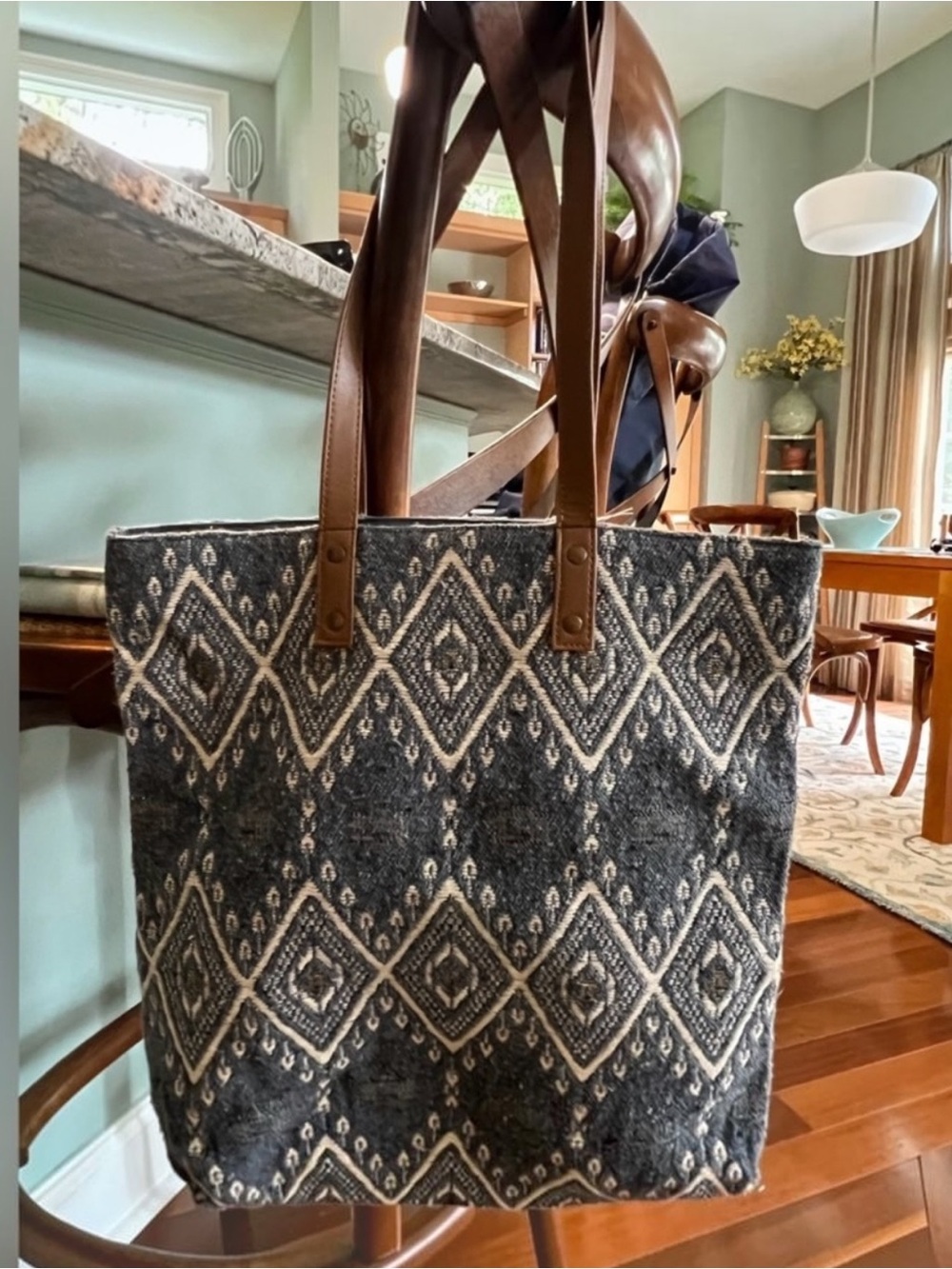 Trades of Hope Kindred Woven Ikat Diamond Tote Bag Grey Southwestern Boho